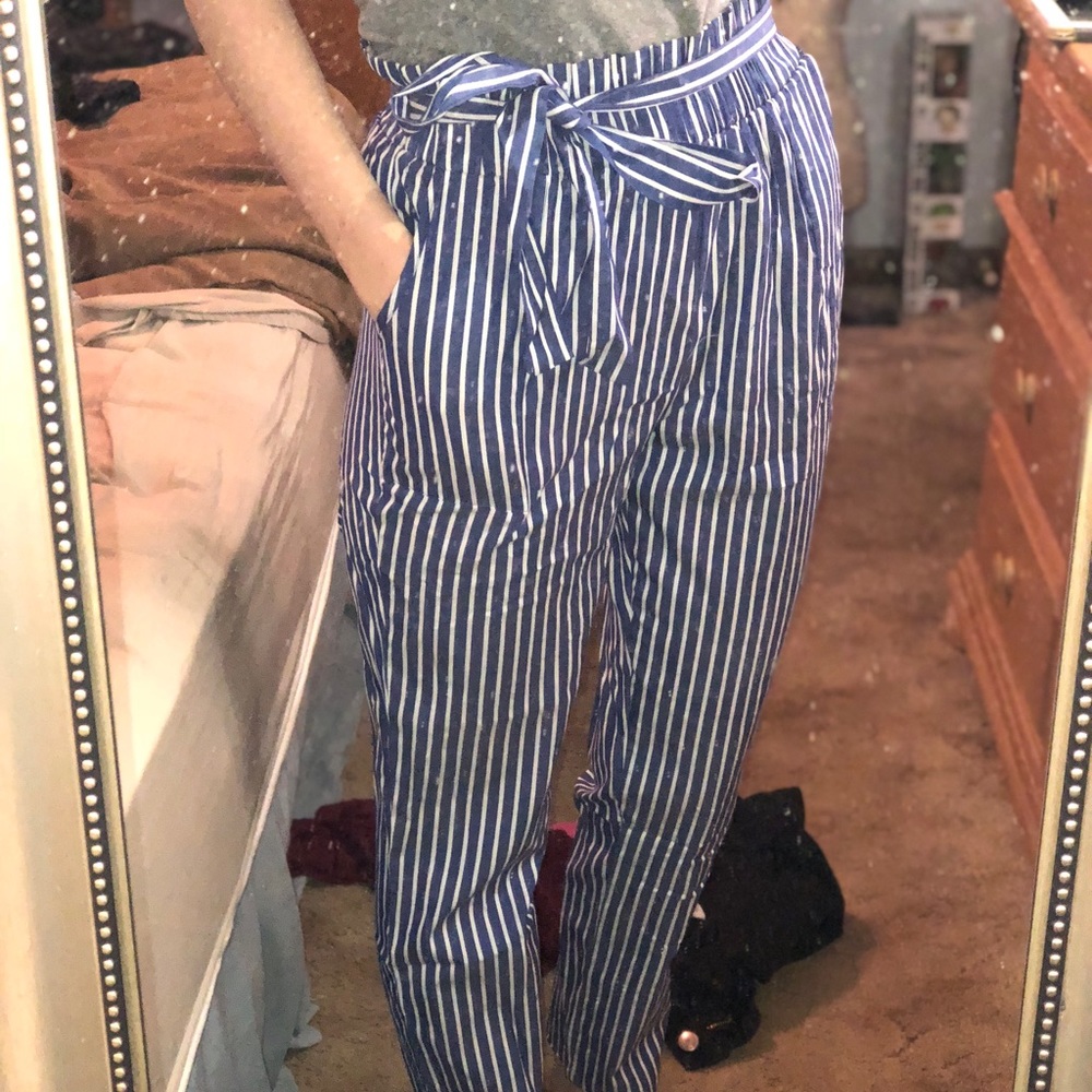 Blue and white pinstripe pants